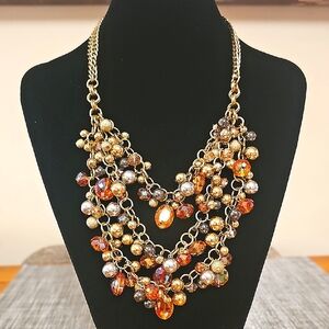 Goldtone and AB Orange Crystal Chacha Multi-Layered Statement Necklace